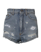 Dolce & Gabbana Blue Tattered Denim Cotton Hot Pants Shorts