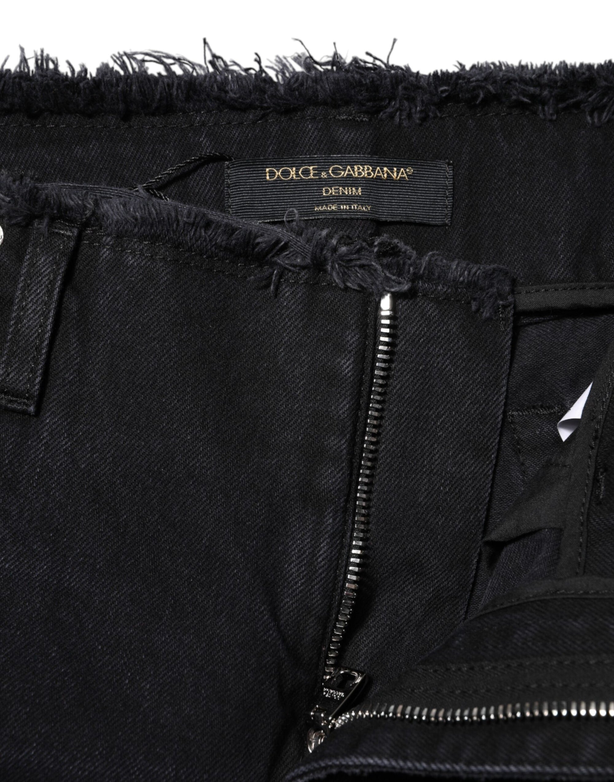 Dolce & Gabbana Black Cotton Tattered Mid Waist Denim Jeans
