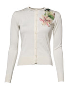 Dolce & Gabbana White Silk Lily Buttoned Cardigan Sweater