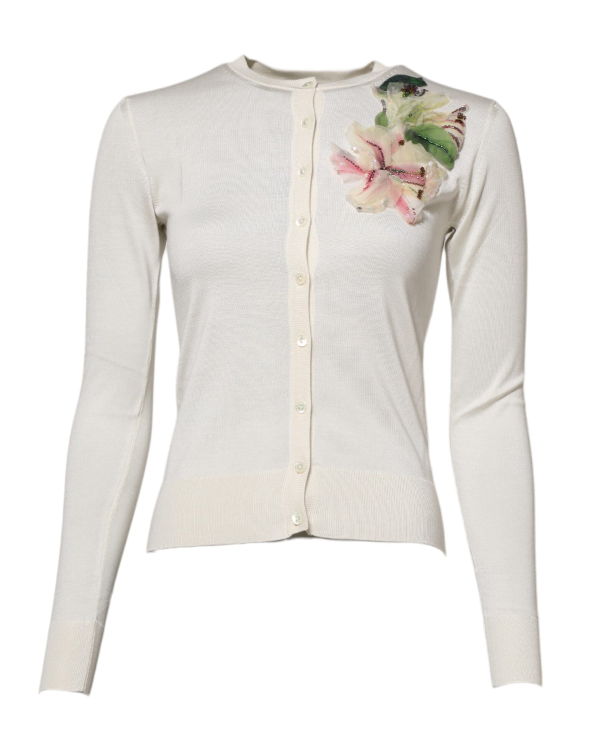 Dolce & Gabbana White Silk Lily Buttoned Cardigan Sweater