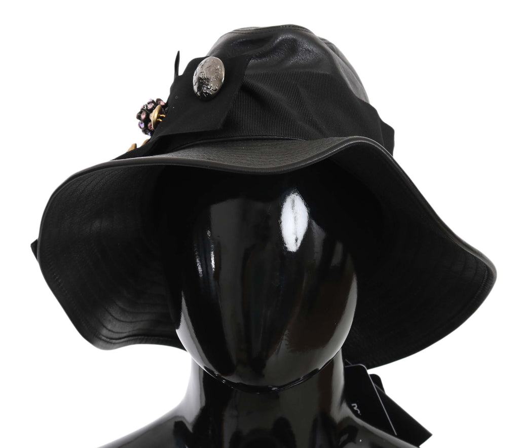 Dolce & Gabbana Black Leather DG Coin Crystal Wide Brim Hat - Maison Luxe