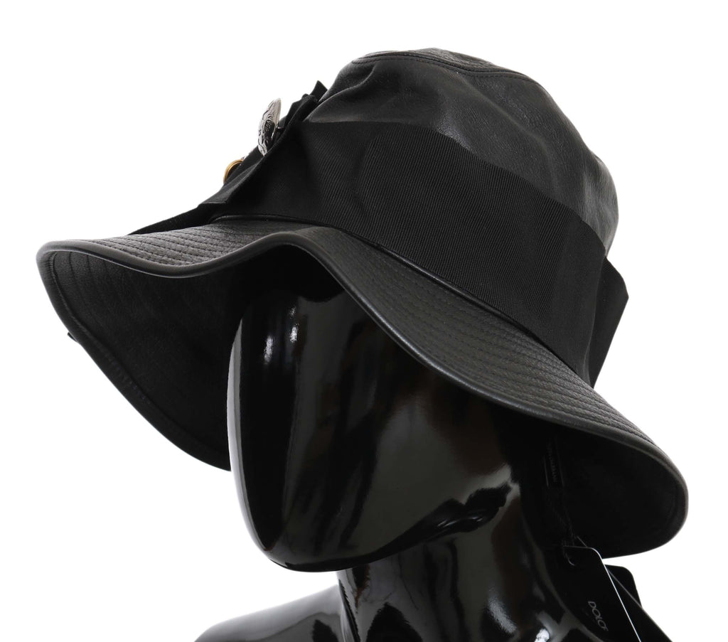 Dolce & Gabbana Black Leather DG Coin Crystal Wide Brim Hat - Maison Luxe