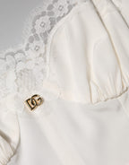 Dolce & Gabbana White Lace DG Logo Silk Dress Sleepwear