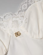 Dolce & Gabbana White Lace Gold DG Logo Silk Dress Sleepwear
