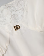 Dolce & Gabbana White Lace Gold DG Logo Silk Dress Sleepwear