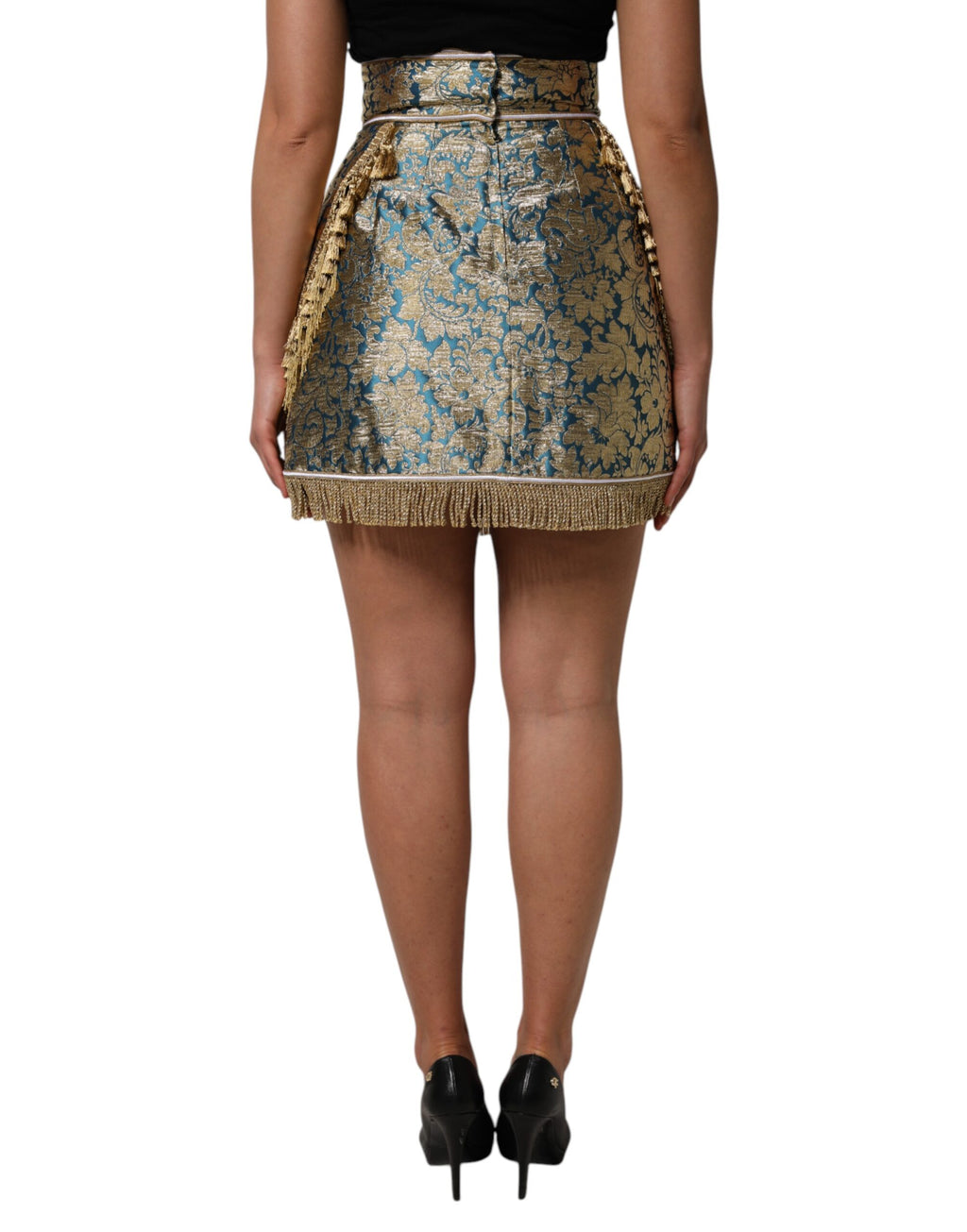 Dolce & Gabbana Blue Floral Jacquard Tasseled Mini Skirt