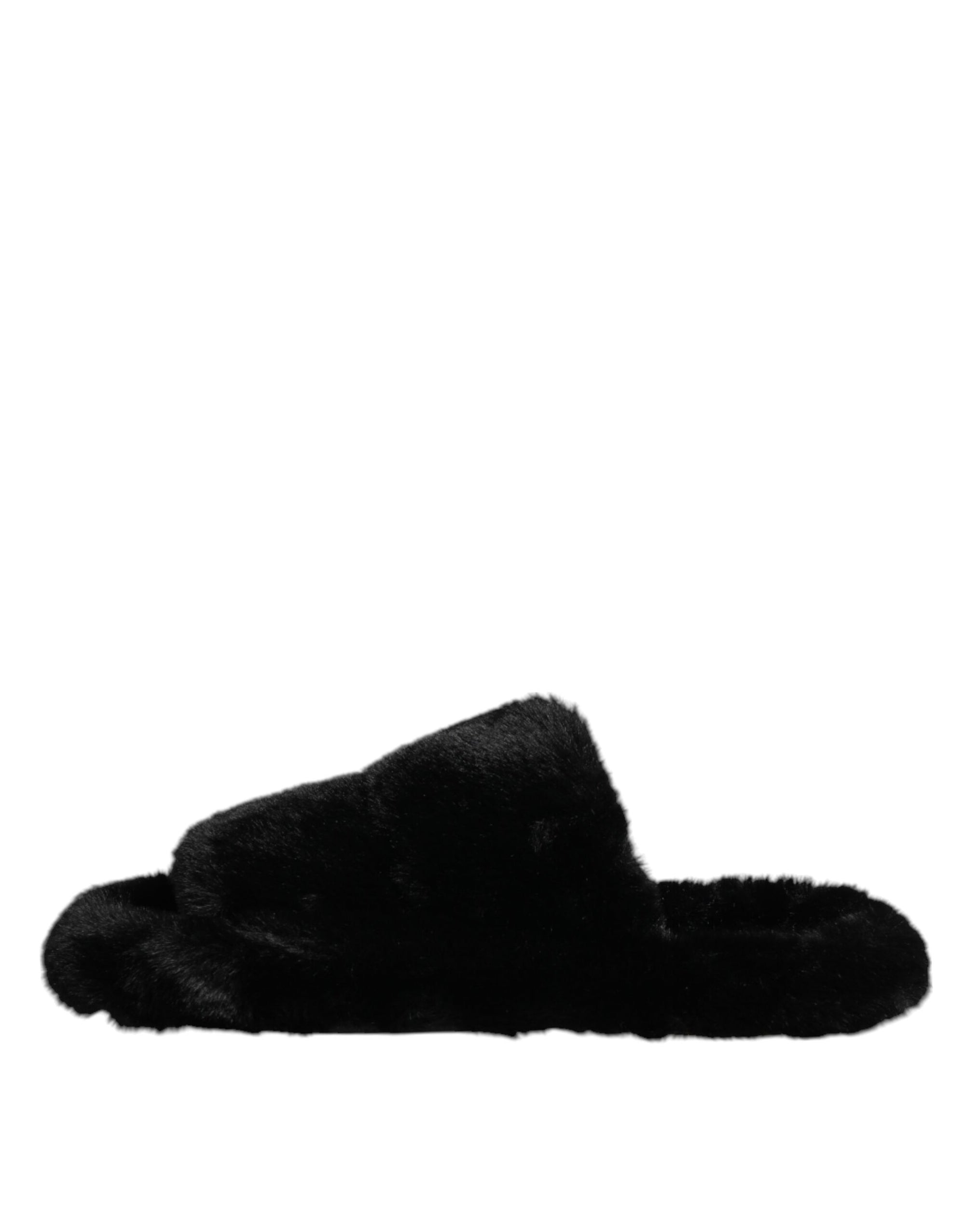 Dolce & Gabbana Black Polyester Velvet Slides Slipper Shoes