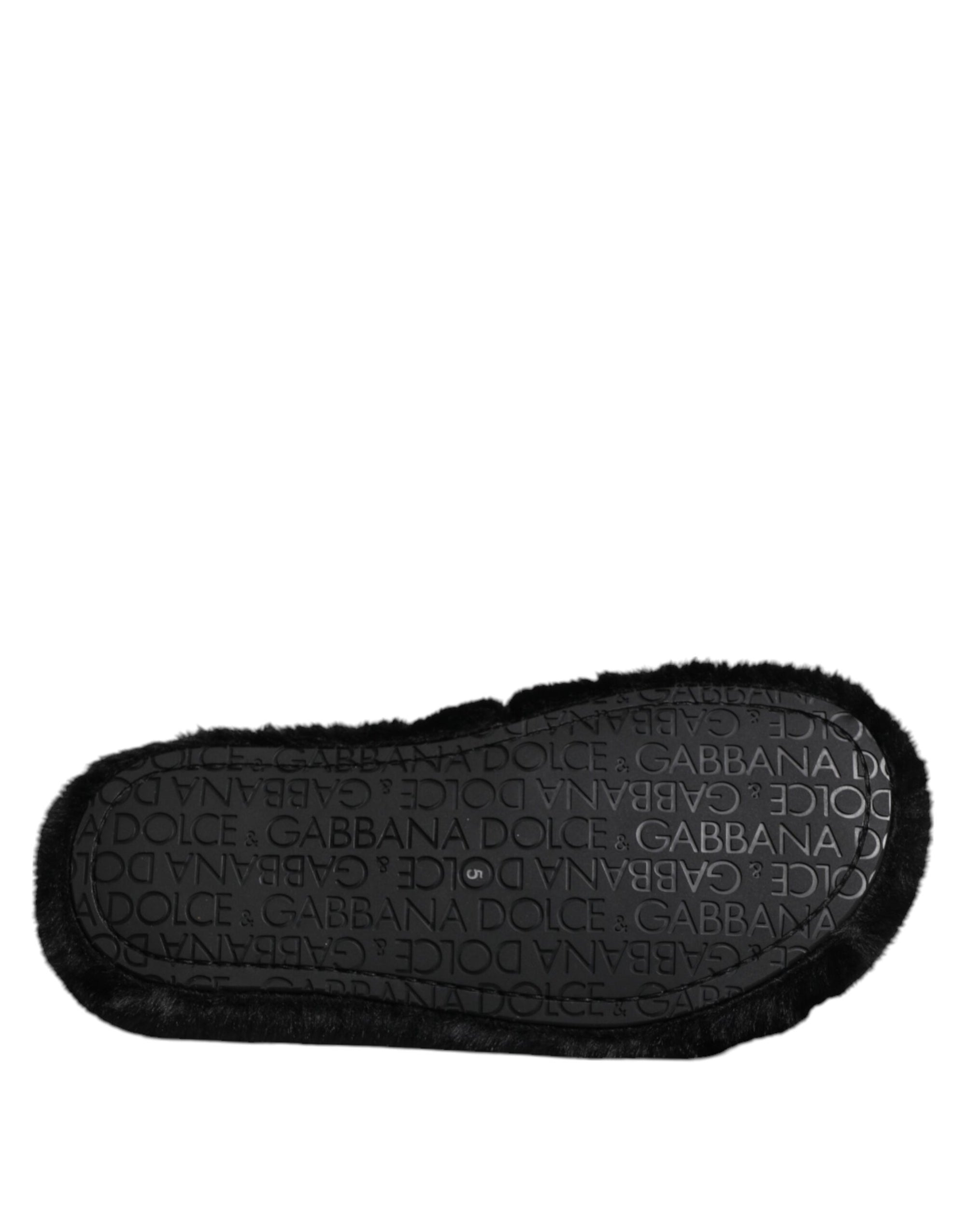 Dolce & Gabbana Black Polyester Velvet Slides Slipper Shoes