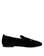 Dolce & Gabbana Black Velvet Embellished Loafer Slip On Shoes