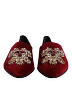 Dolce & Gabbana Black Red Velvet Embellished Slip On Shoes