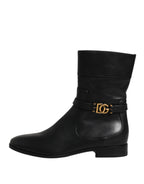 Dolce & Gabbana Black Leather Flats Logo Short Boots Shoes
