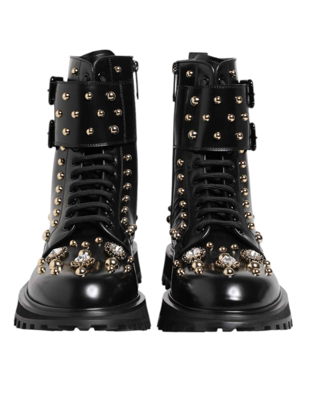Dolce & Gabbana Black Studded Lace Up Mid Calf Boots Shoes