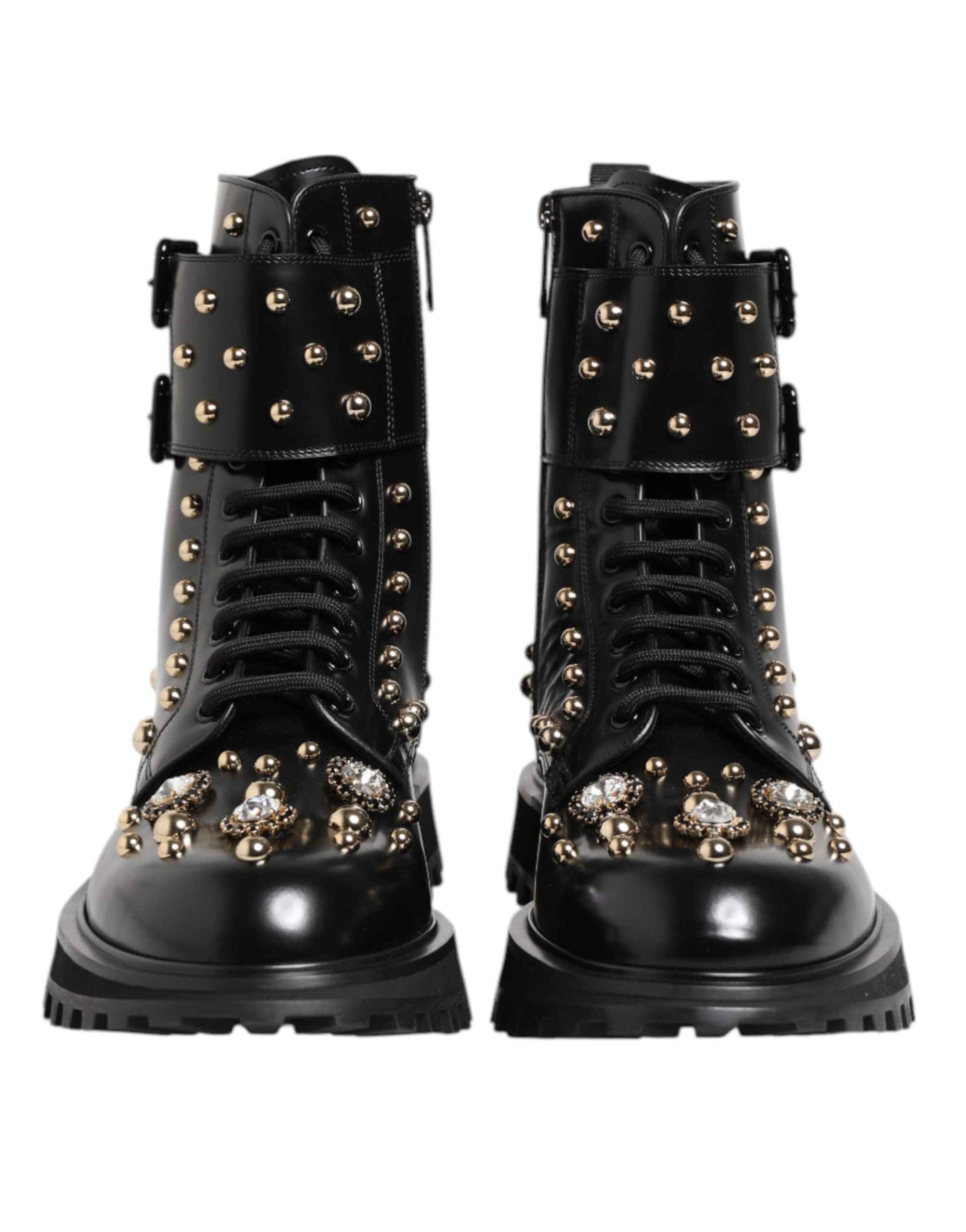 Dolce & Gabbana Black Studded Lace Up Mid Calf Boots Shoes