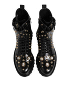 Dolce & Gabbana Black Studded Lace Up Mid Calf Boots Shoes
