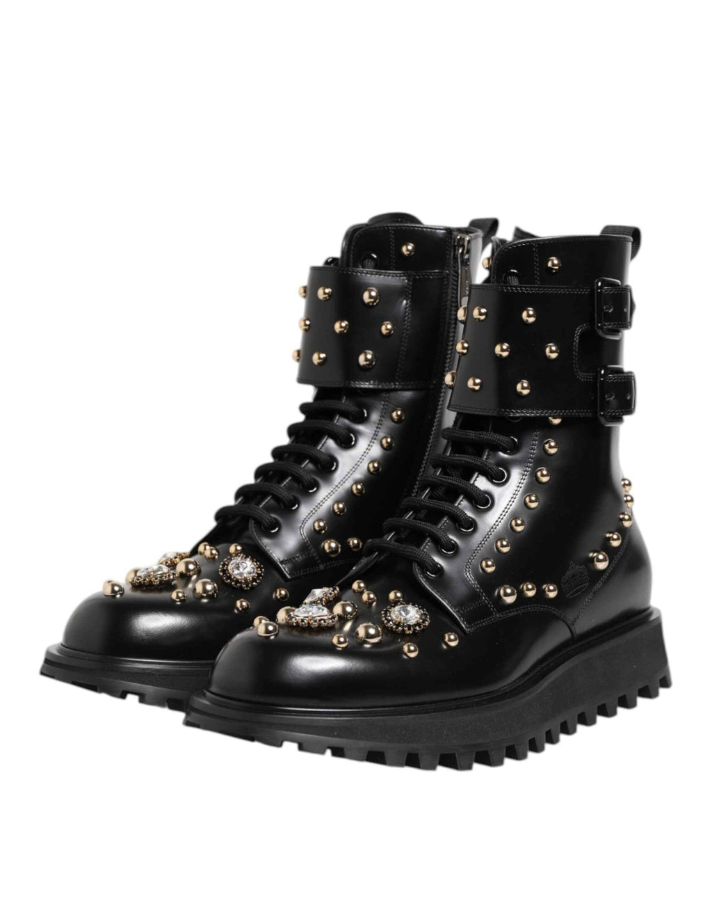 Dolce & Gabbana Black Studded Lace Up Mid Calf Boots Shoes