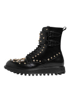 Dolce & Gabbana Black Studded Lace Up Mid Calf Boots Shoes
