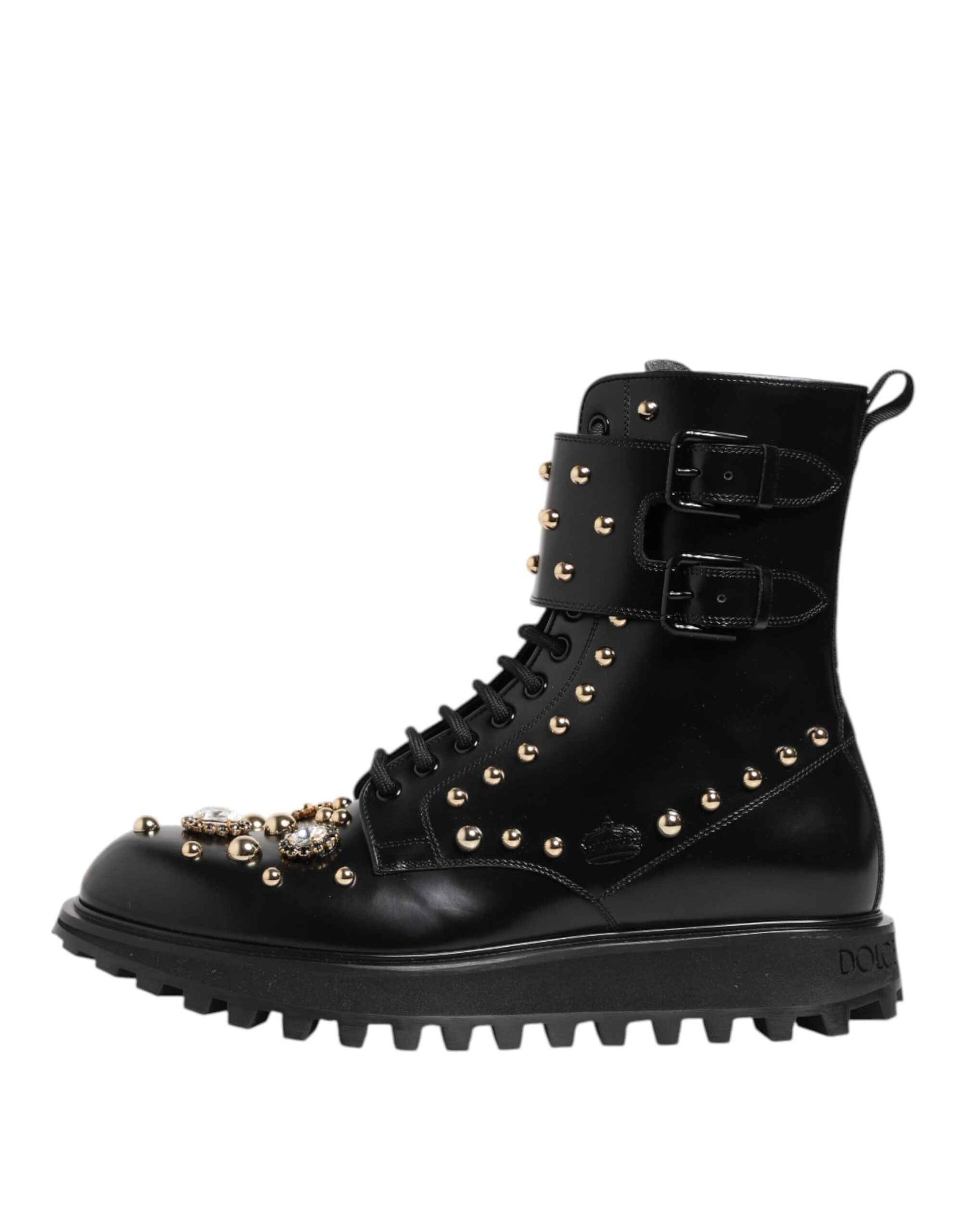 Dolce & Gabbana Black Studded Lace Up Mid Calf Boots Shoes
