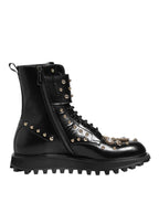 Dolce & Gabbana Black Studded Lace Up Mid Calf Boots Shoes