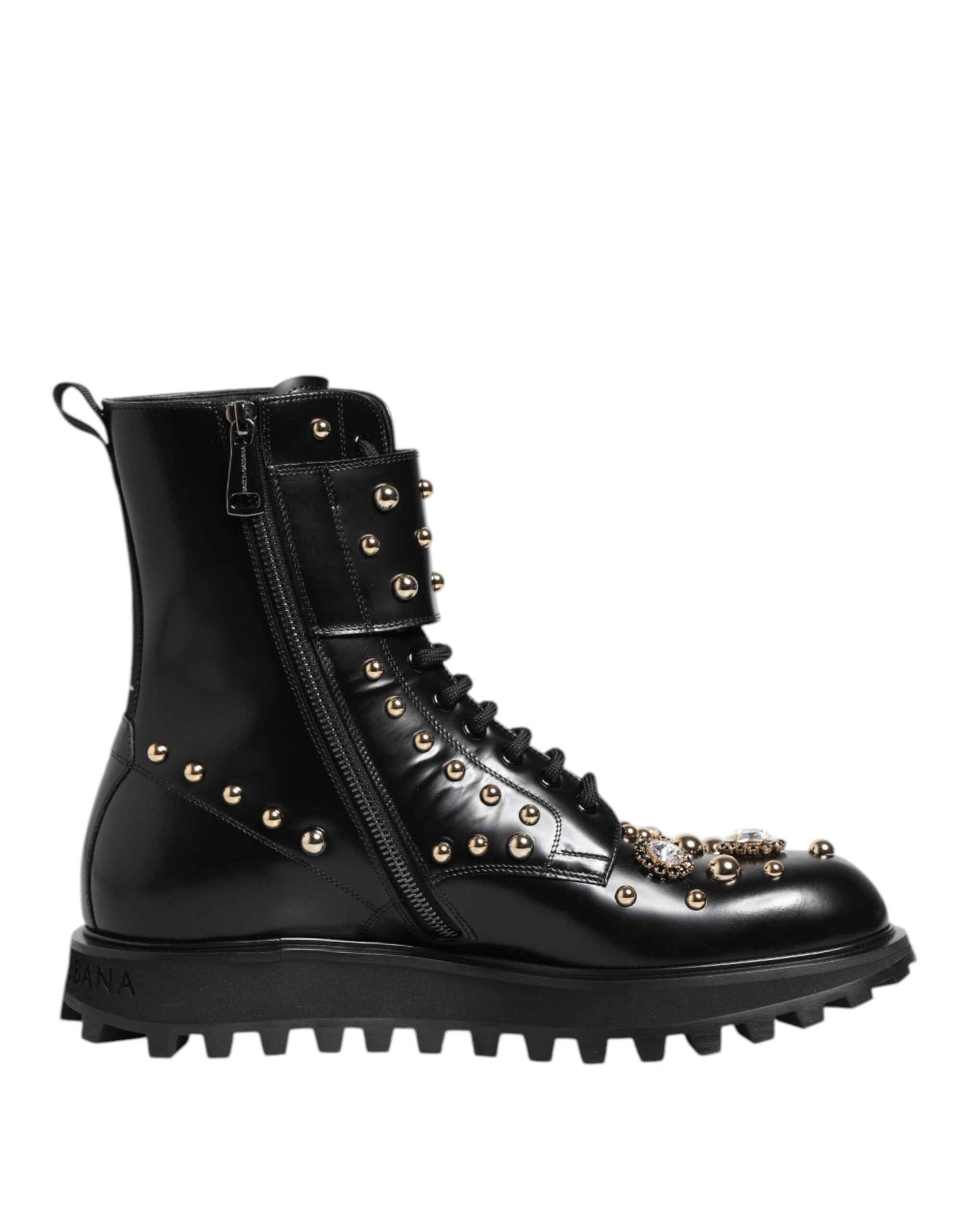 Dolce & Gabbana Black Studded Lace Up Mid Calf Boots Shoes
