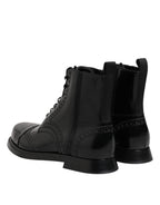 Dolce & Gabbana Black Leather Lace Up Mid Calf Boots Shoes