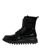 Dolce & Gabbana Black Leather Lace Up Mid Calf Boots Shoes