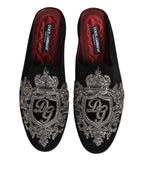 Dolce & Gabbana Black Velvet Slides DG Crown Slipper Shoes