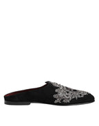 Dolce & Gabbana Black Velvet Slides DG Crown Slipper Shoes