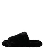 Dolce & Gabbana Black Faux Fur Flats Men Sandals Shoes