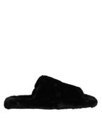 Dolce & Gabbana Black Faux Fur Flats Men Sandals Shoes