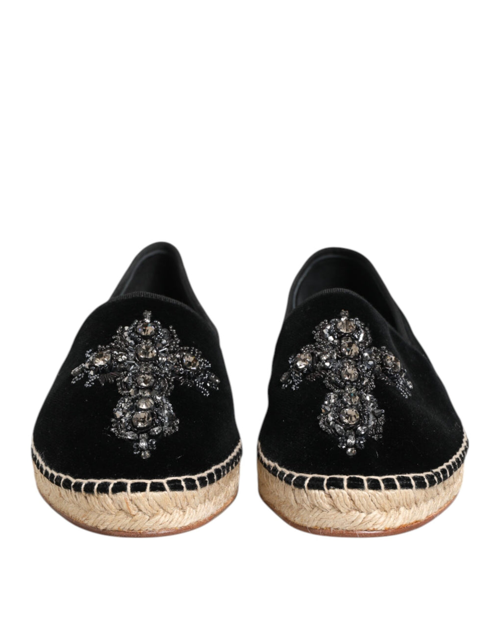 Dolce & Gabbana Black Cross Crystal Slip On Espadrille Shoes