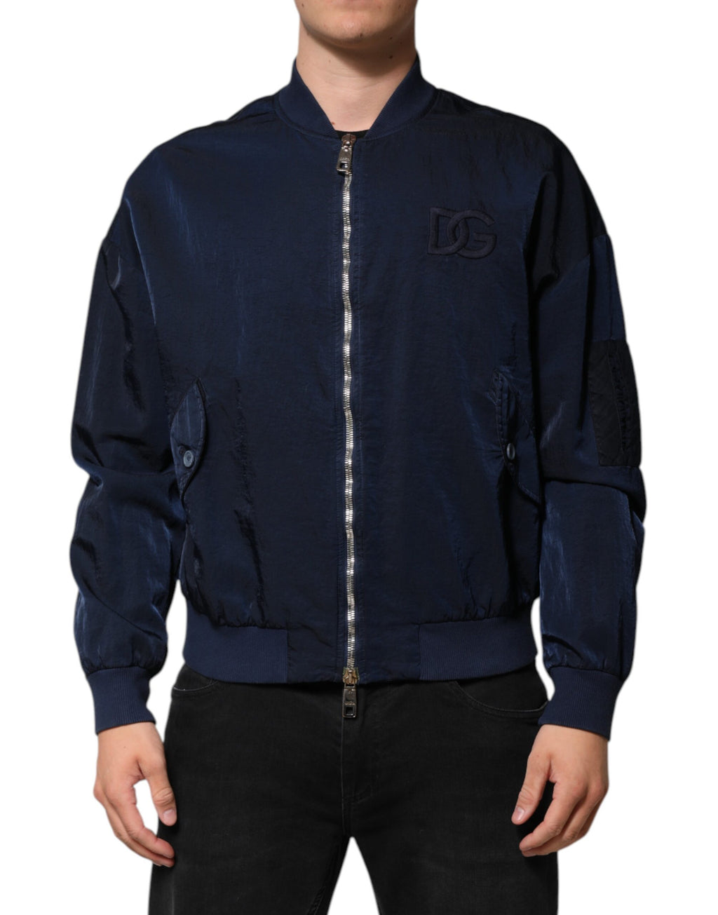 Dolce & Gabbana Blue Nylon DG Embroidery Men Bomber Jacket
