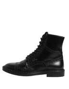 Dolce & Gabbana Black Leather Lace Up Mid Calf Boots Shoes