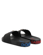 Dolce & Gabbana Black Leather Slides Flats Beachwear Shoes
