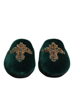 Dolce & Gabbana Green Velvet Cross Embellished Slippers Shoes