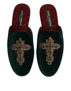 Dolce & Gabbana Green Velvet Cross Embellished Slippers Shoes