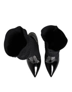 Dolce & Gabbana Black Leather Ribbed Knit Knee Boots Shoes