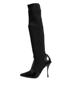 Dolce & Gabbana Black Leather Ribbed Knit Knee Boots Shoes