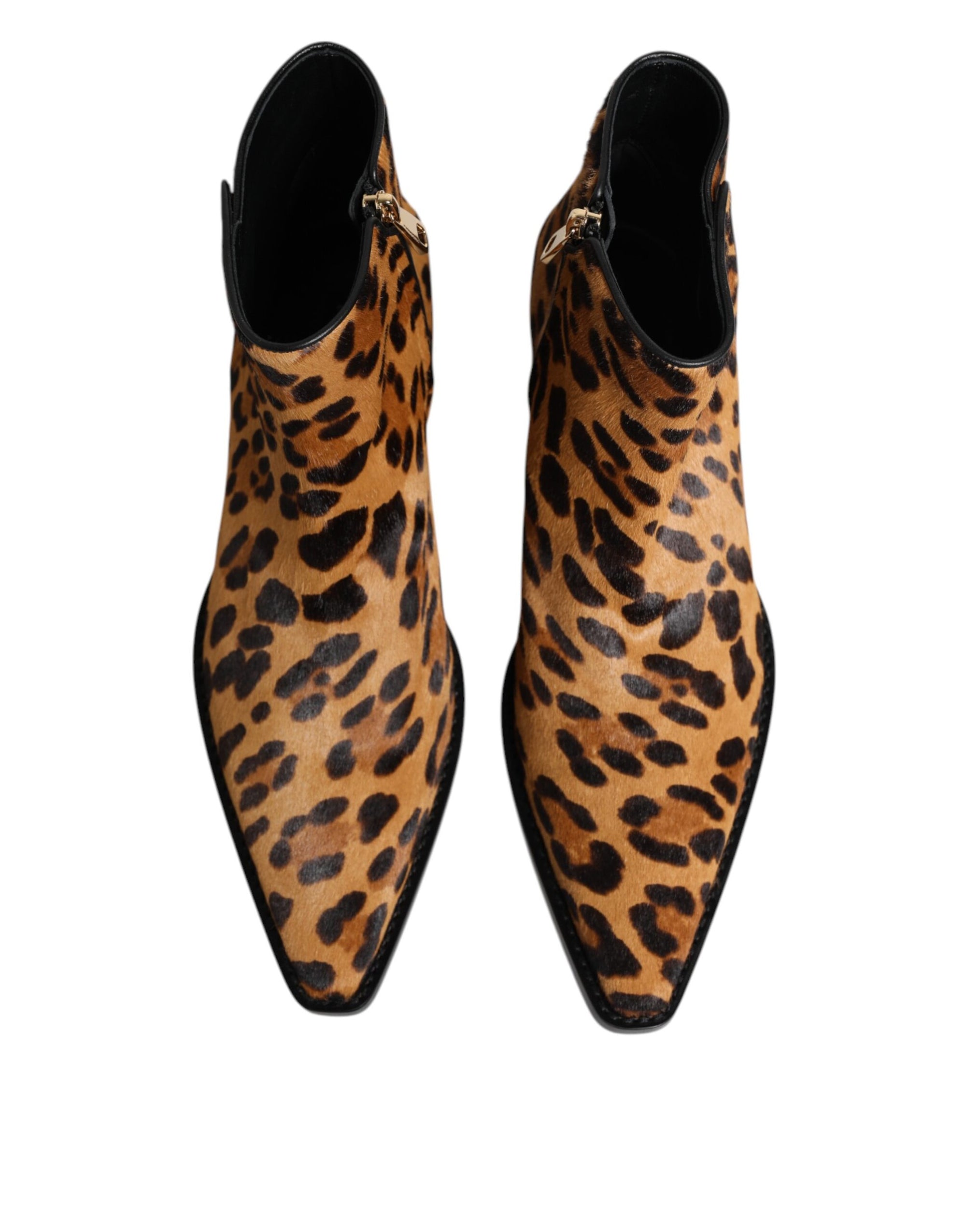 Dolce & Gabbana Brown Leopard Calf Fur Ankle Boots Shoes