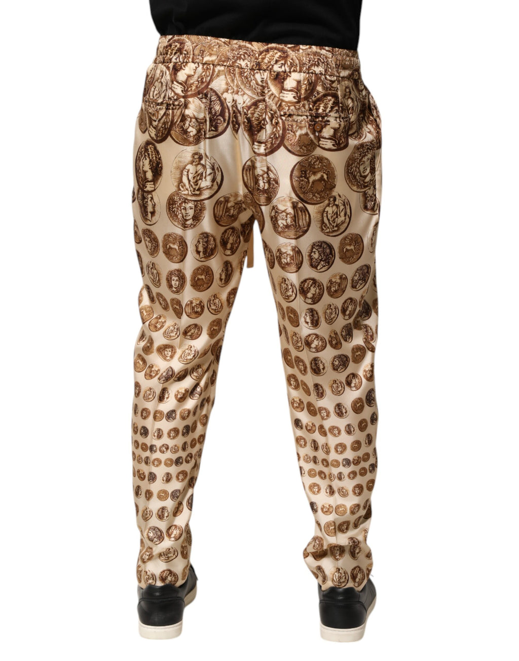 Dolce & Gabbana Beige Coin Print Silk Twill Men Jogger Pants