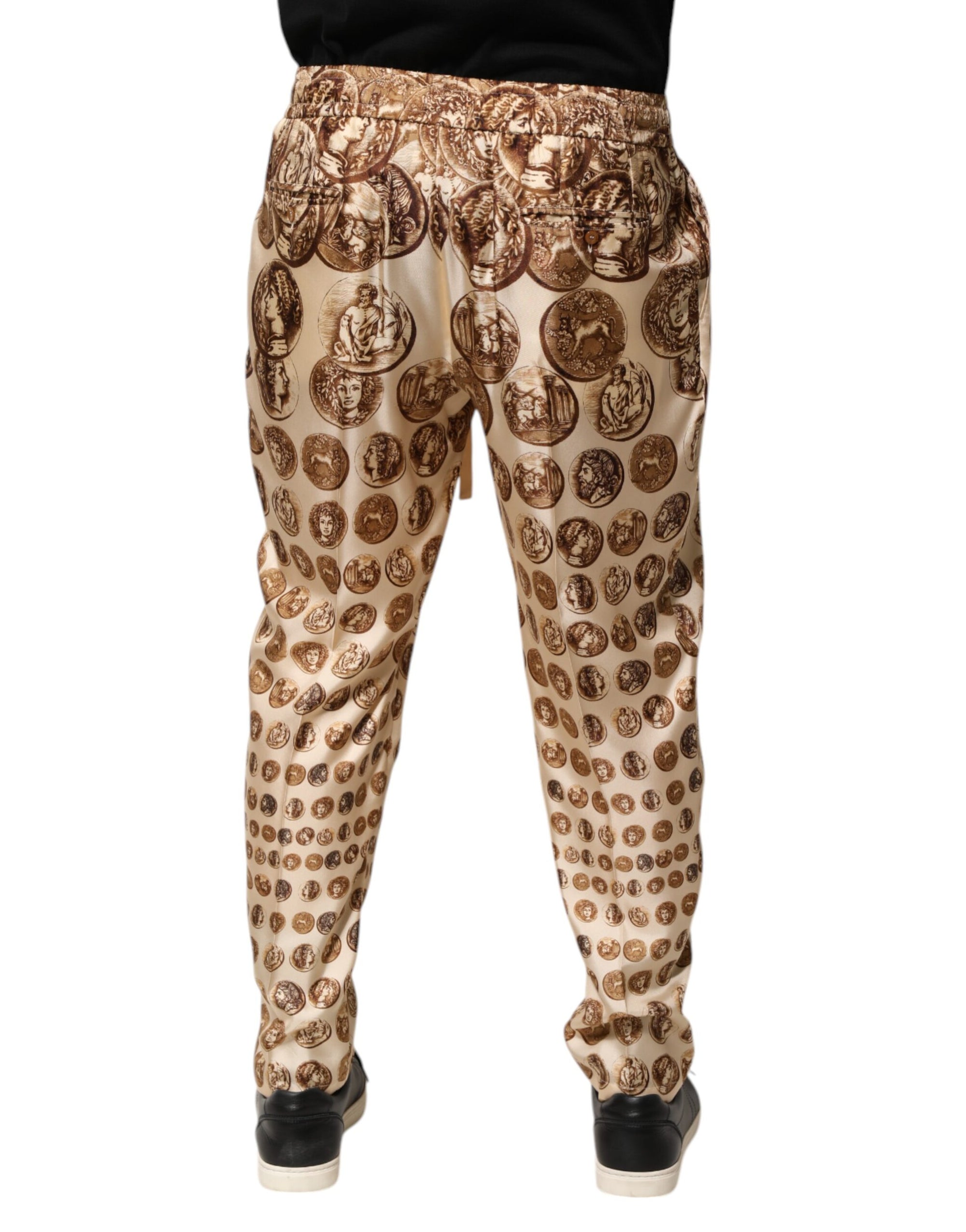Dolce & Gabbana Beige Coin Print Silk Twill Men Jogger Pants