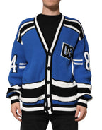 Dolce & Gabbana Blue Cotton Logo Patch Ribbed Knit Cardigan Sweater