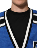 Dolce & Gabbana Blue Cotton Logo Patch Ribbed Knit Cardigan Sweater