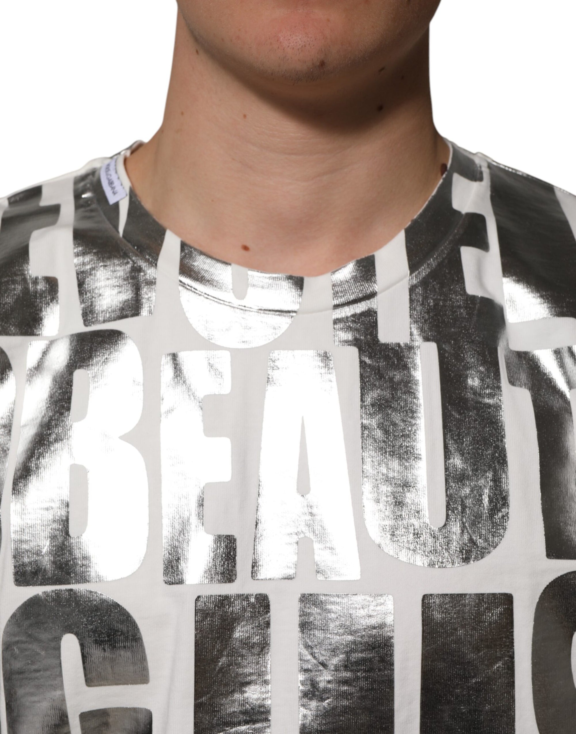 Dolce & Gabbana White Cotton Silver Metallic Slogan Print T-shirt