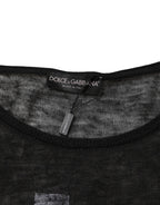 Dolce & Gabbana Black Linen Mesh Tattered Longsleeves T-shirt