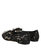 Dolce & Gabbana Black Taormina Lace Crystals Flats Shoes