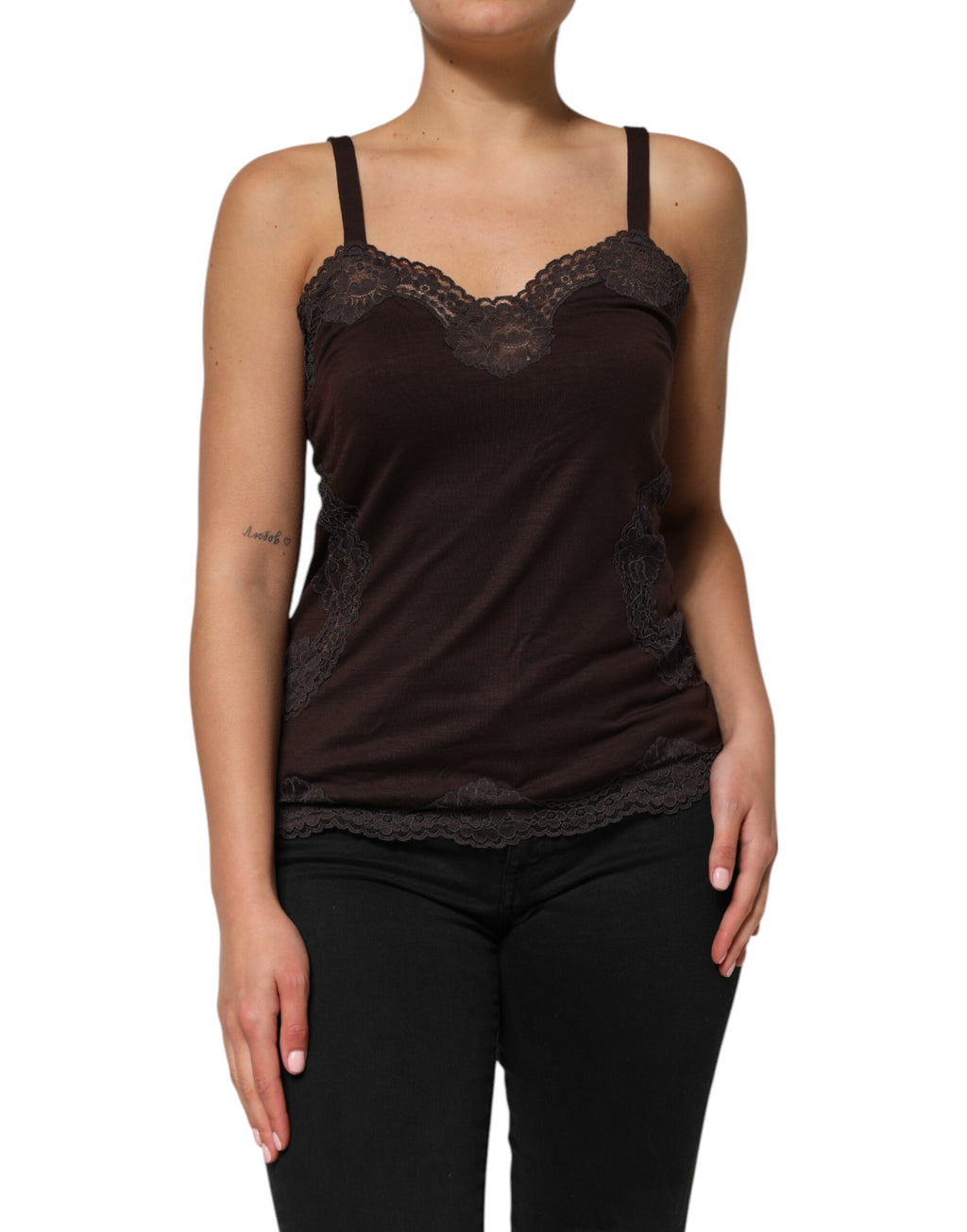 Dolce & Gabbana Dark Brown Lace Trim Wool Sleeveless Tank Top