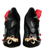 Dolce & Gabbana Black Roses Crystal Brooch Mary Jane Shoes