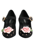 Dolce & Gabbana Black Flower Crystal Embellished Mary Jane Shoes