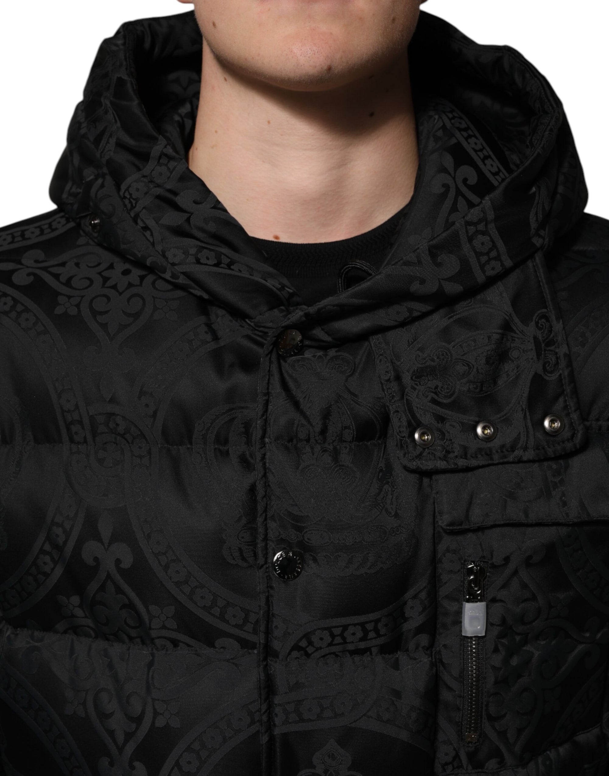 Dolce & Gabbana Black Jacquard Quilted Puffer Hooded Jacket