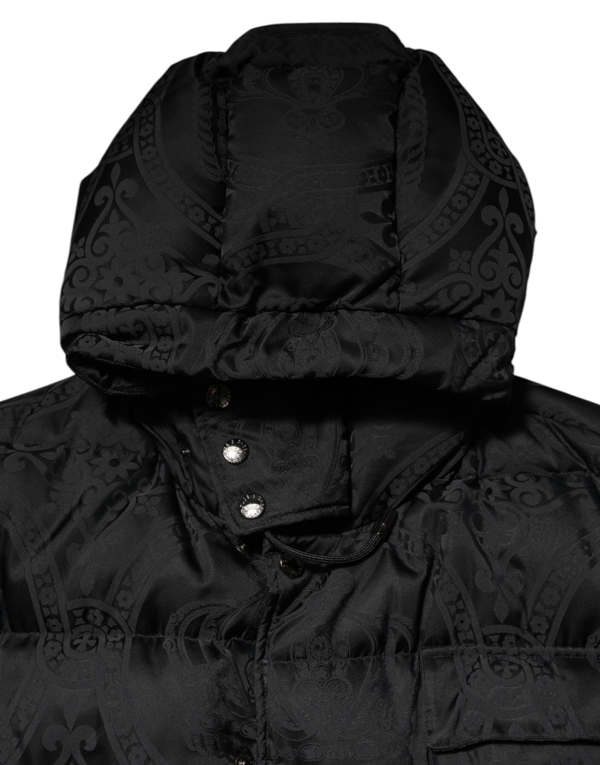 Dolce & Gabbana Black Jacquard Quilted Puffer Hooded Jacket